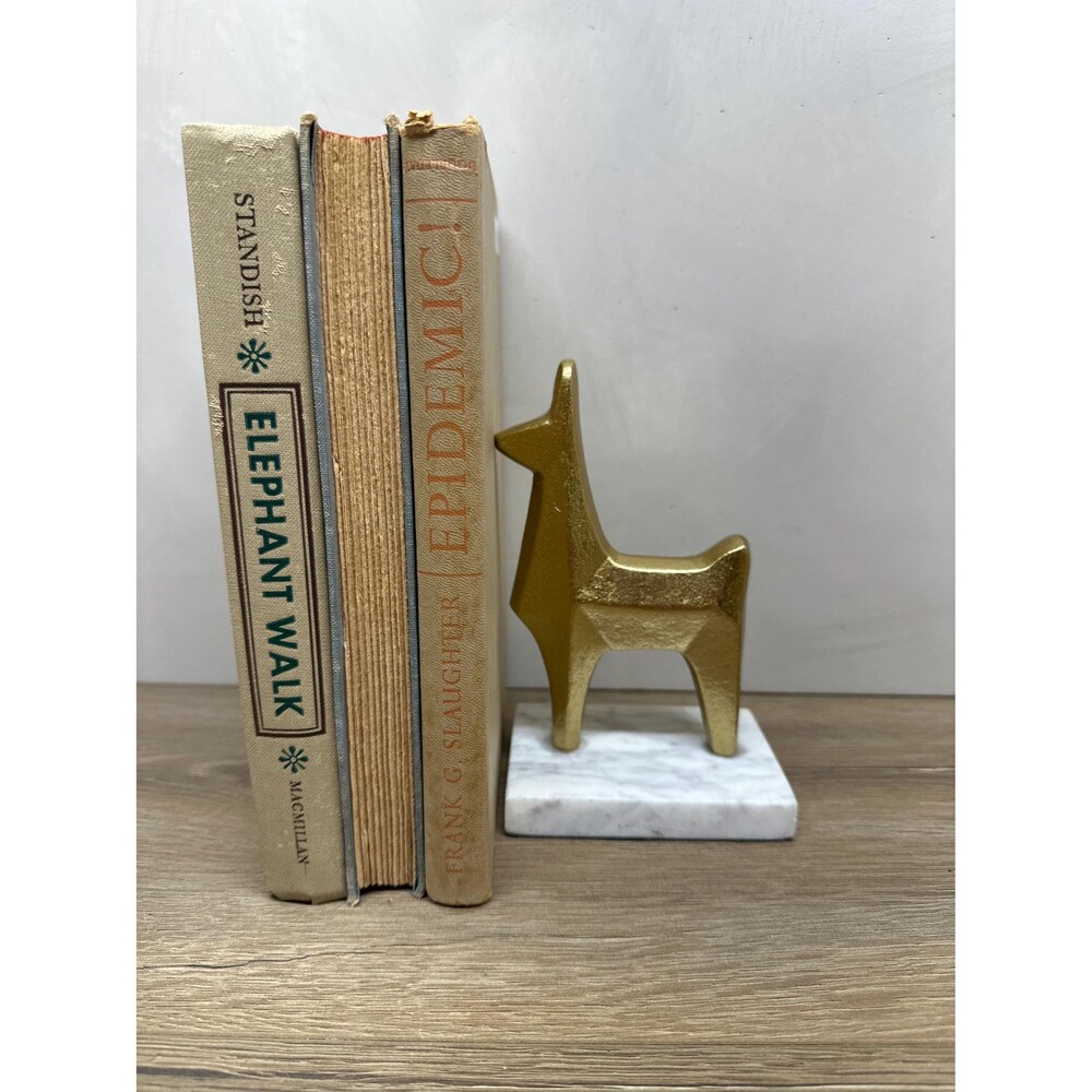 Gold Toned Metal Geometric Llama Bookend on Marble Base 6.5x4 Inch